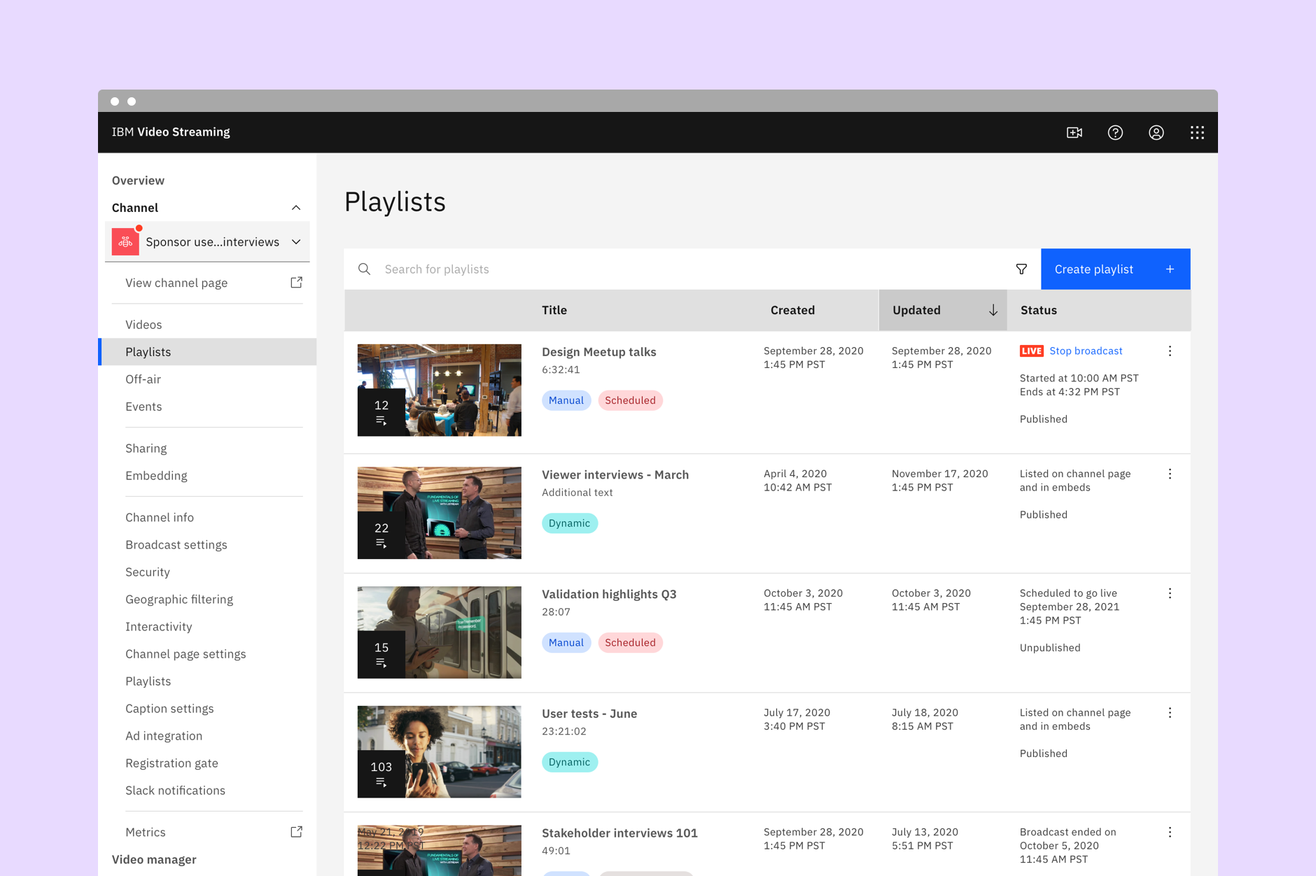 Live and On-Demand Playlists for video playback